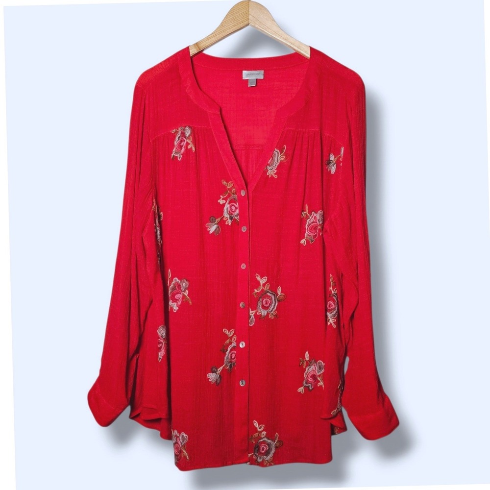 Avenue Blouse Button Front Top 18/20 Womens Red Floral Embroidered Boho Peasant